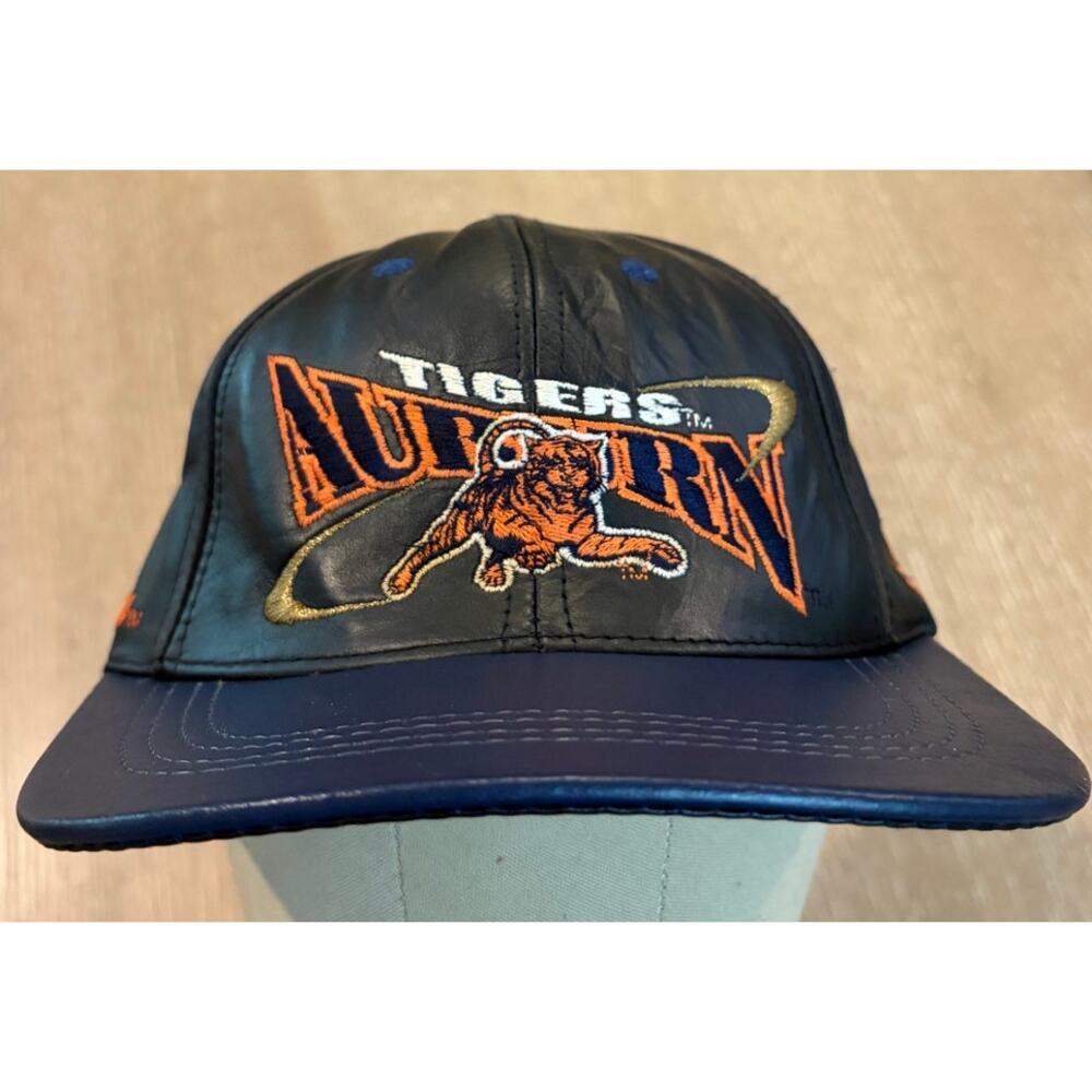 Vintage Leather Auburn University Tiger‎ Baseball Cap Strapback Adjustable Black